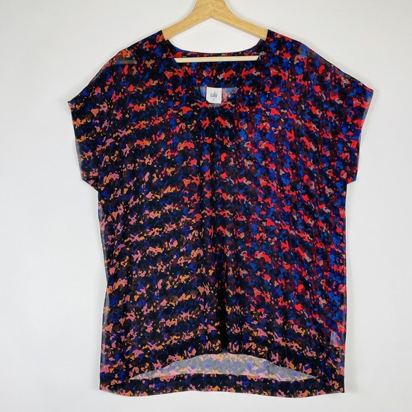 CAbi Red Pink Blue Splatter Chiffon Sheer Loose V-Neck Top Shirt Womens Medium - Picture 1 of 4